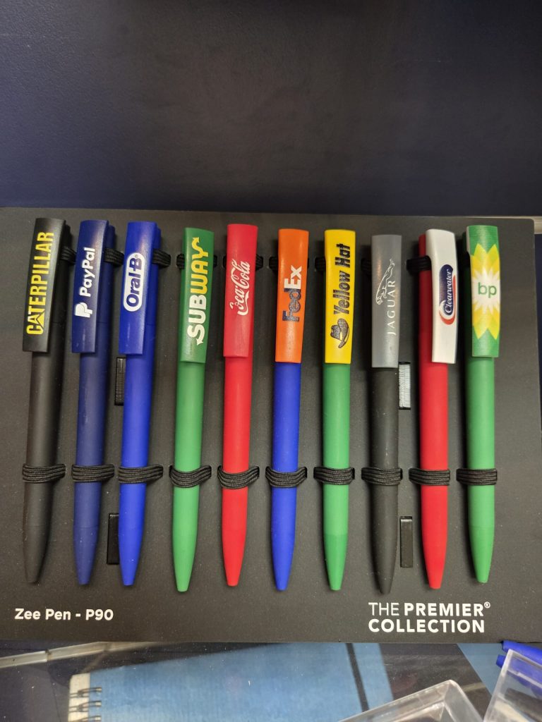 promotional pens with different logos.