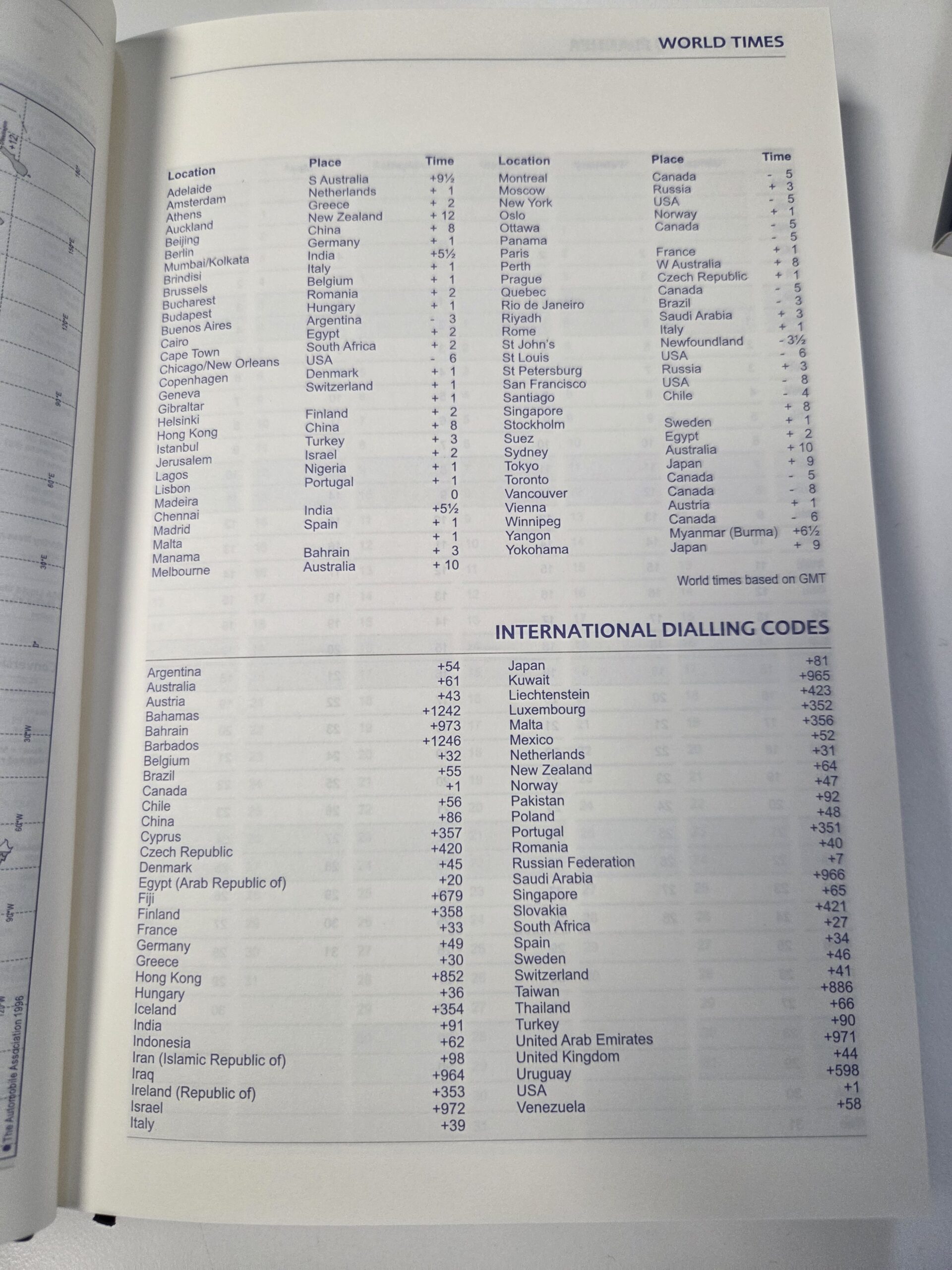 A page listing world times, international dialing codes, and a buying guide for diaries.