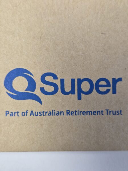 QSuper logo with qsuper text, Part of Australian Retirement Trust, on a brown background.