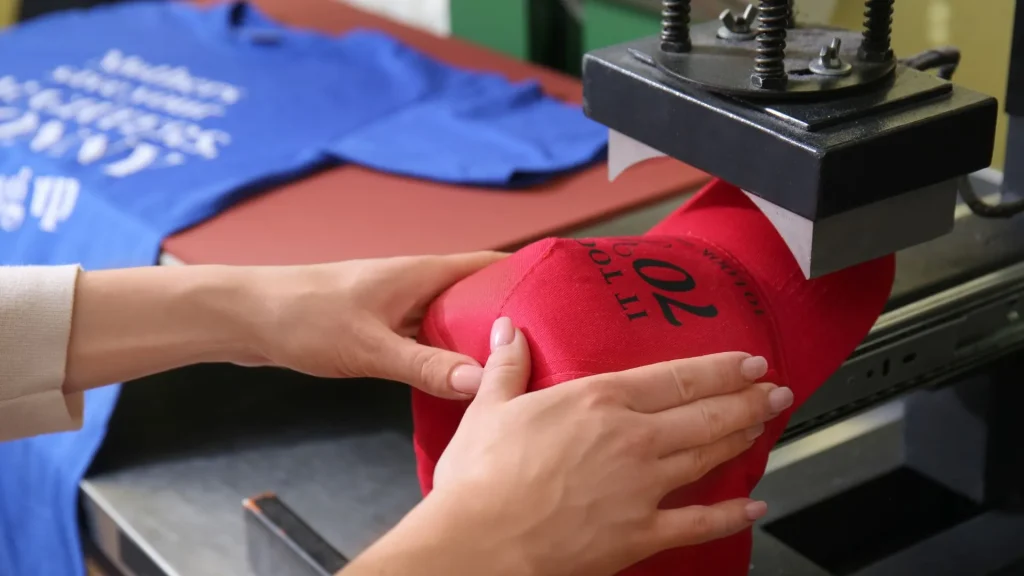 Hands pressing a red hat under a heat press machine—no print setup fees; blue shirt in background.