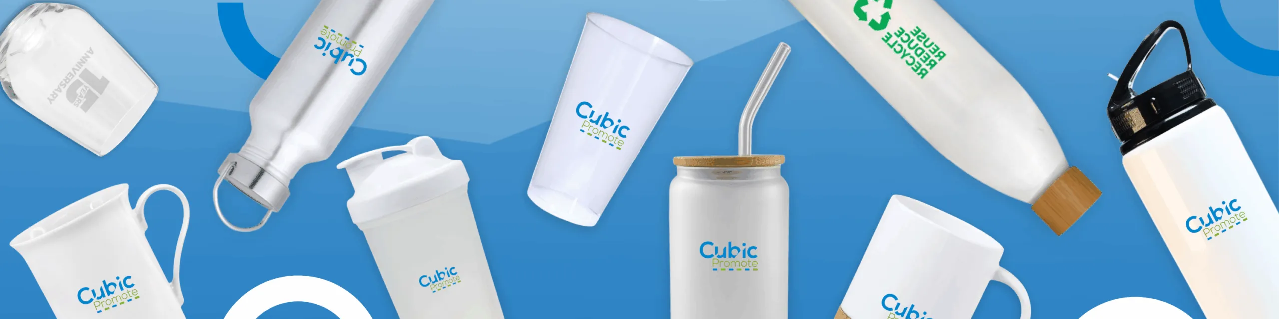Assorted branded drinkware including bottles, mugs, and cups on a blue and white background.