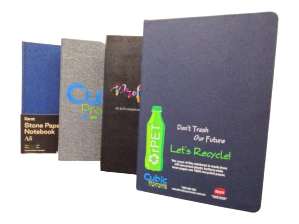 Four eco-friendly notebooks stand upright, each with unique covers and green messages. 