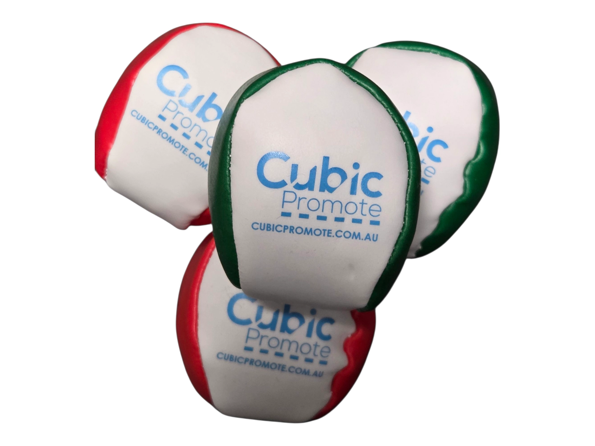 Three white hackysacks with red and green edges feature the blue Cubic Promote logo.