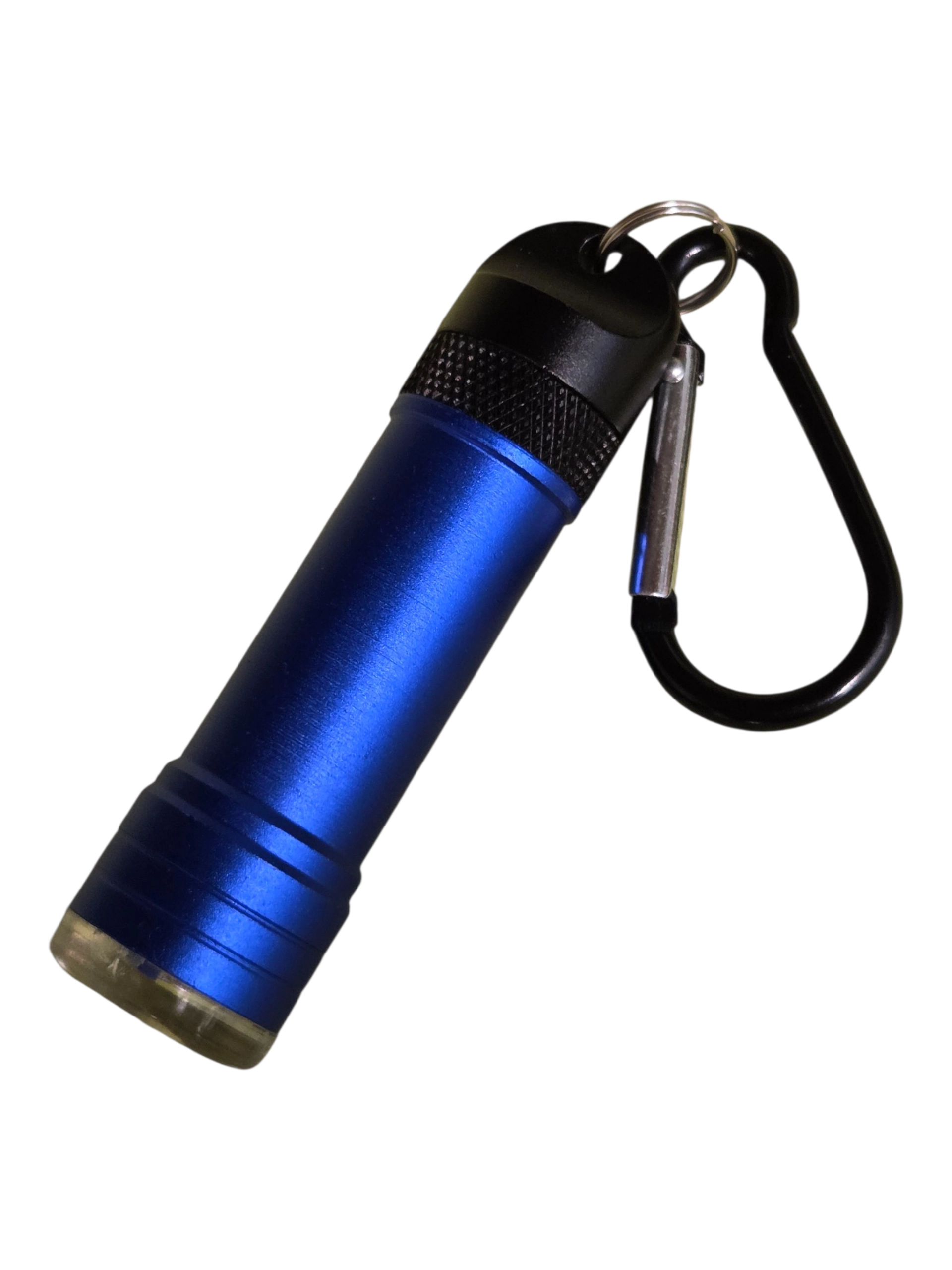 Small blue flashlight keychain with black carabiner, perfect for adding to keyrings.