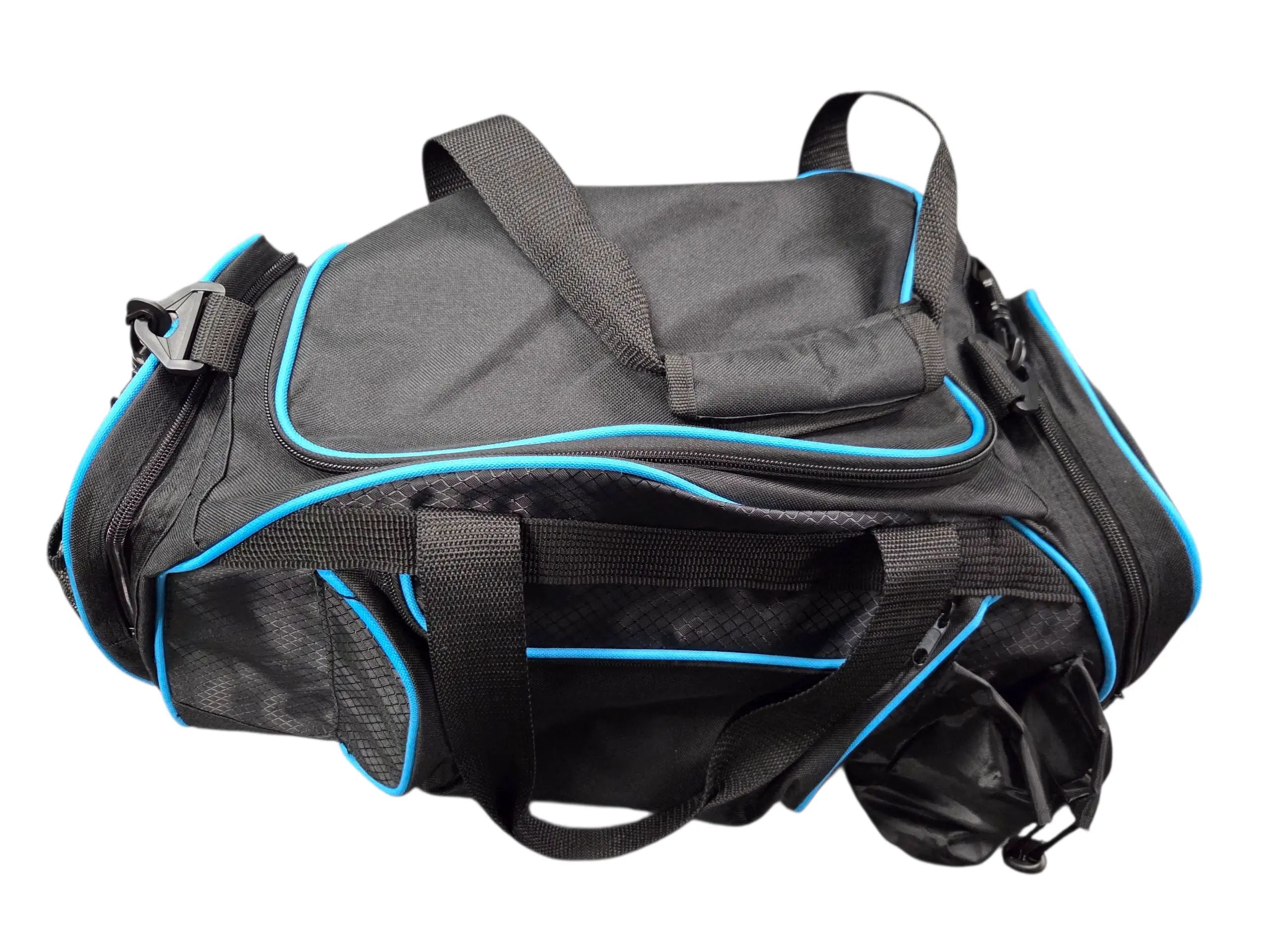Black duffel bag with blue trim, mesh side pocket, and shoulder straps on white background.
