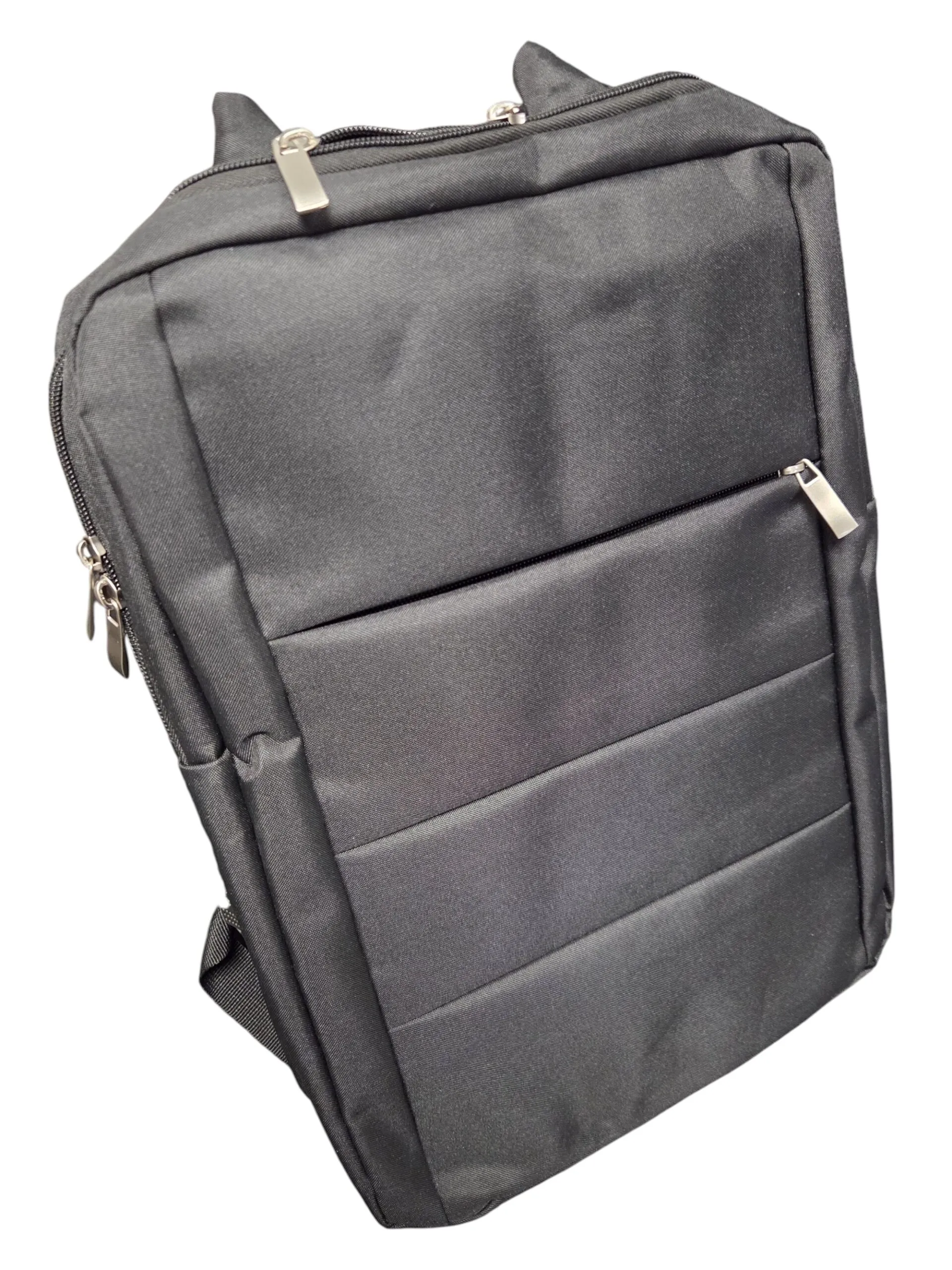 A black rectangular backpack inspired by duffel bags, with front pocket and zippered compartments.