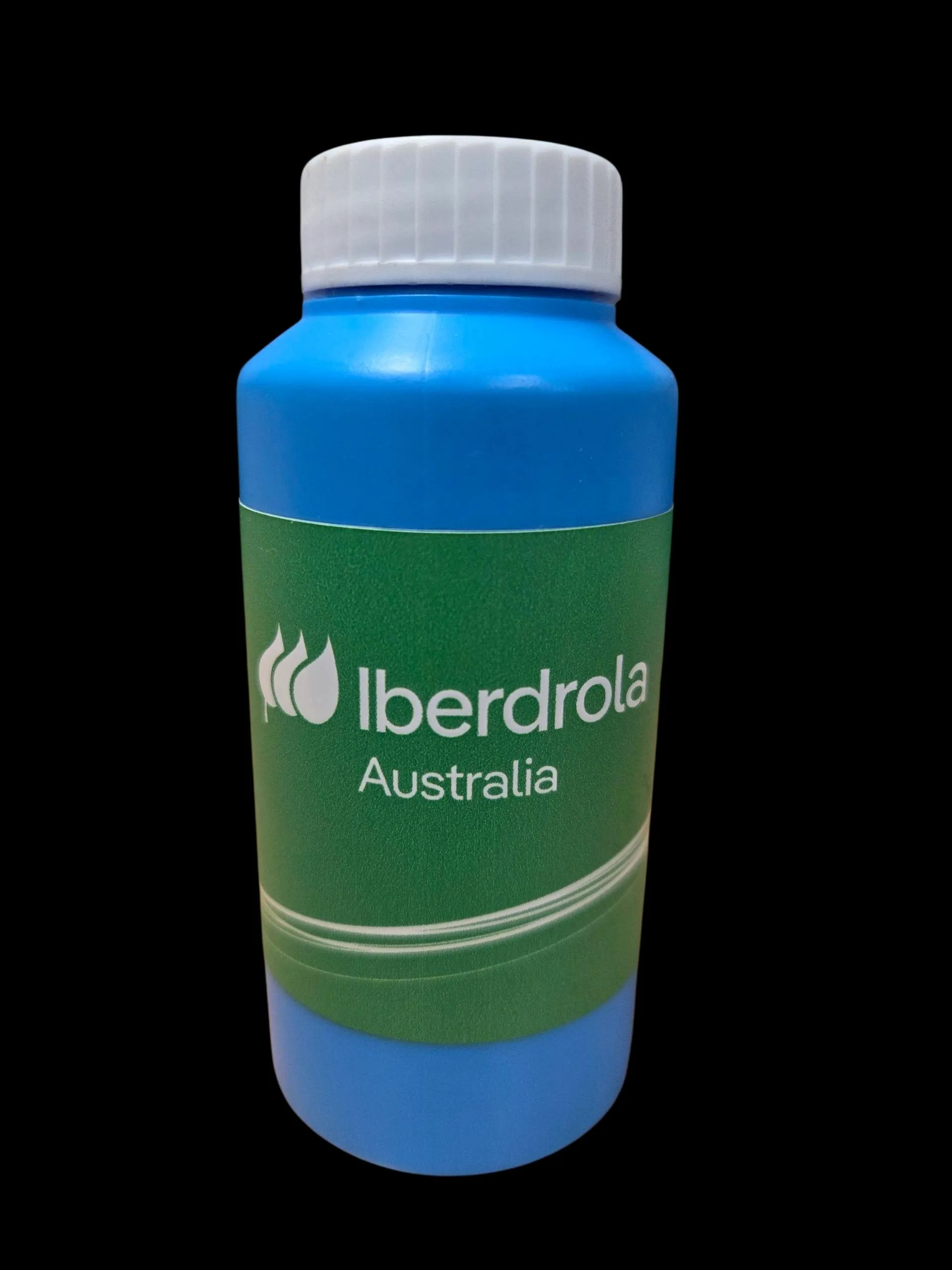 Blue bubble blowers with a green Iberdrola Australia label and white cap, on black background.