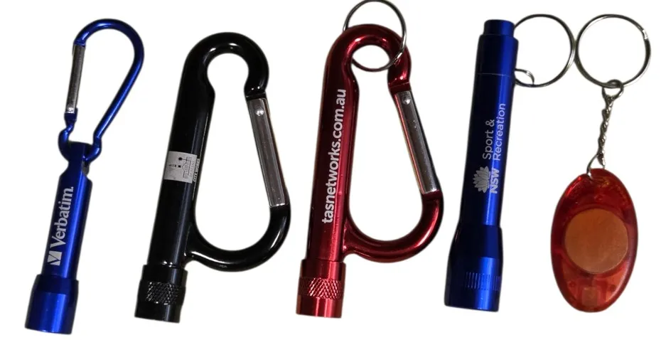 Five assorted keychains and keyrings, including carabiners, flashlights, and a red plastic fob.
