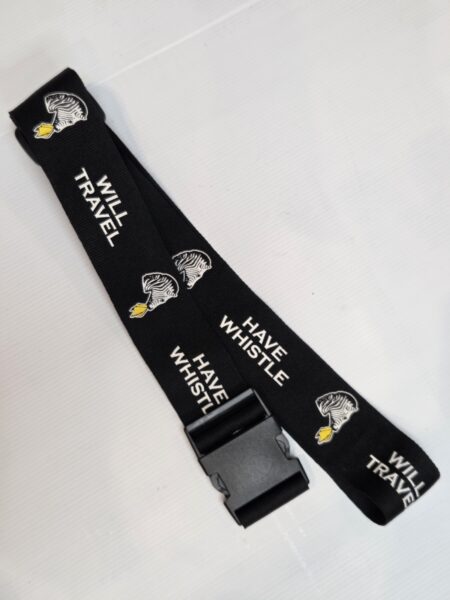 Rebrand your essentials with this black lanyard—zebras, yellow whistles, bold travel text.