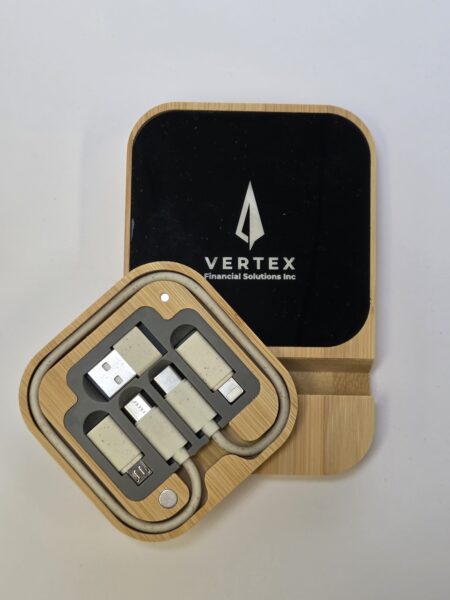 A bamboo tech gifts kit with USB adapters and Vertex Financial Solutions Inc logo on the cover.