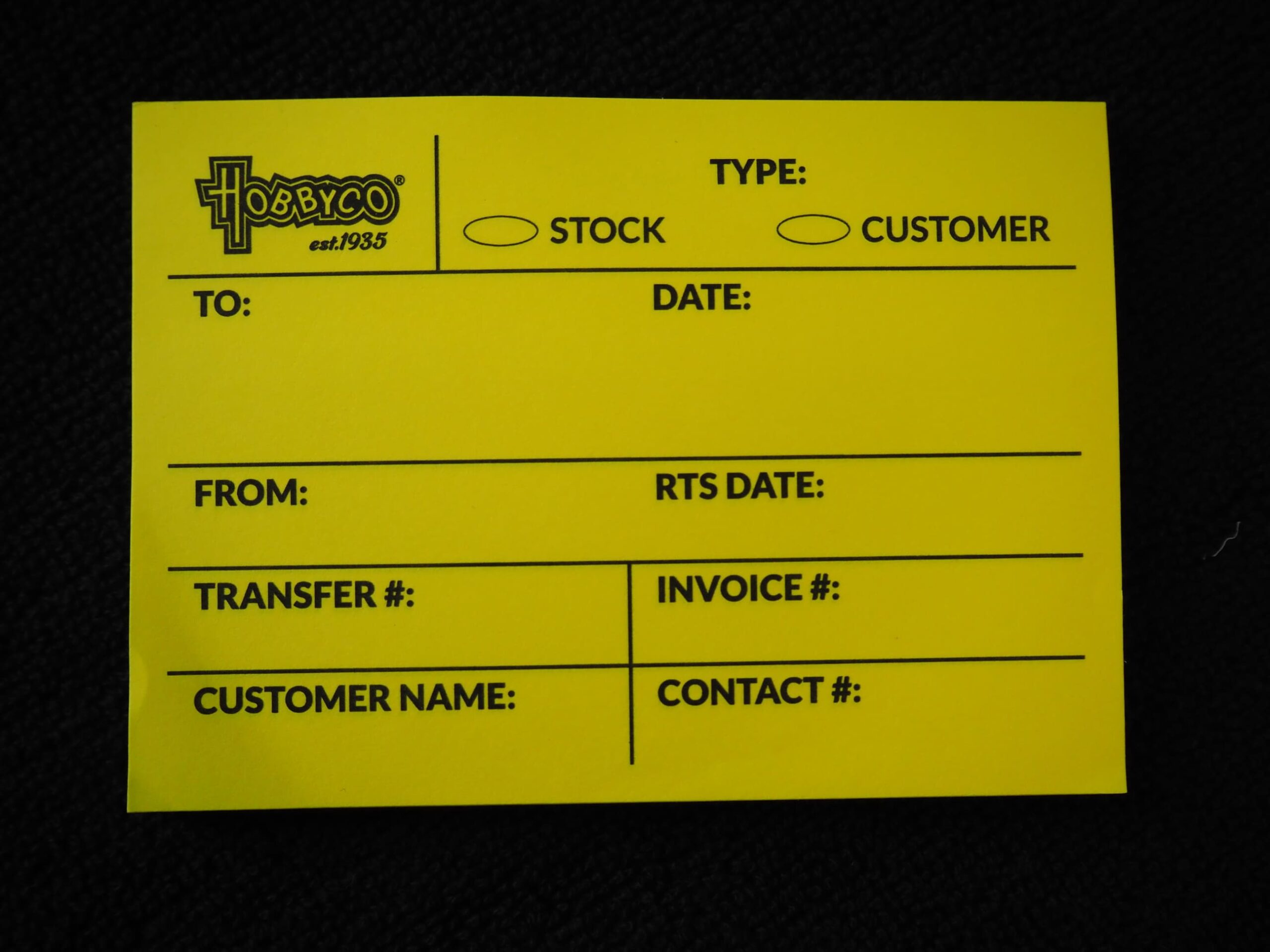 Yellow Hobico form with fields for type, date, from, transfer, invoice, customer, contact.