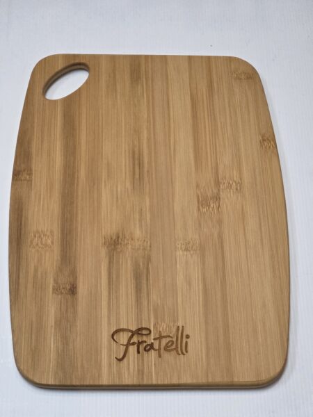 A wooden cutting board with a hole, Fratelli engraved—perfect for unique Christmas gifts.