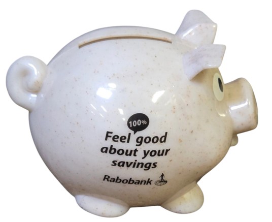White piggy bank, one of our funnest promotional items, with Feel good about your savings Rabobank.