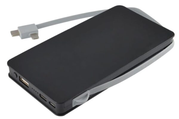 A black portable power bank with an attached gray charging cable for welcome kits.