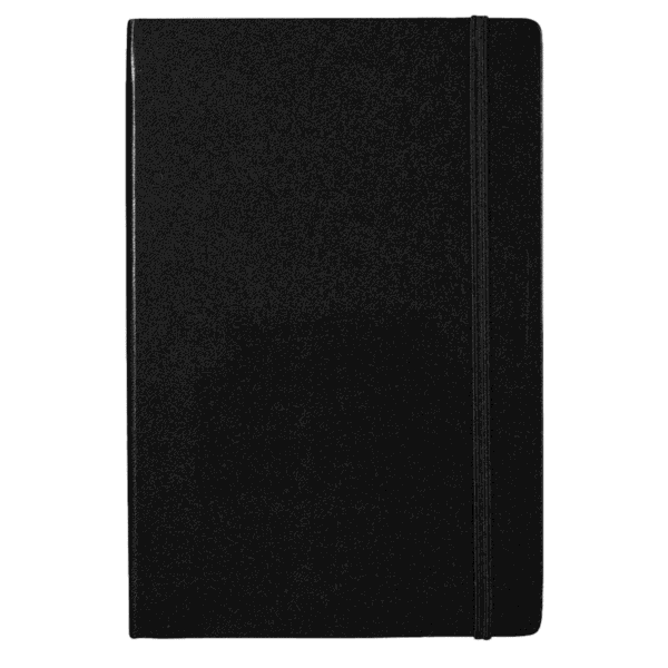 A closed black notebook with an elastic band, perfect for company welcome kits.