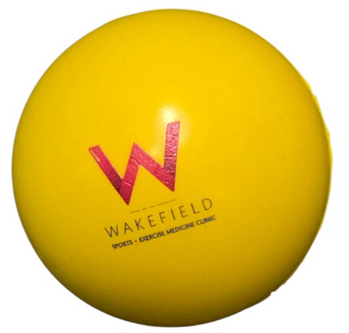 Yellow ball with a red W—one of our funnest promotional items from Wakefield Sports Clinic.