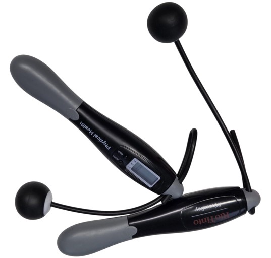 Digital cordless jump rope—one of the funnest promotional items—with weighted handles and black ropes.