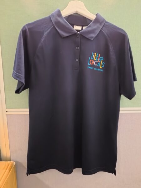 Navy polo shirt with Little Locals logo—perfect for thoughtful Christmas gifts, on a hanger.