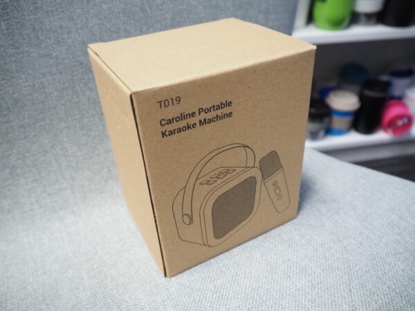 Brown box labeled Caroline Portable Karaoke Machine—great for corporate gift box ideas.