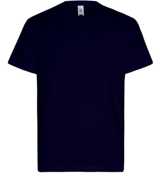 Plain black short-sleeve t-shirt, ideal for welcome kits, on a white background.