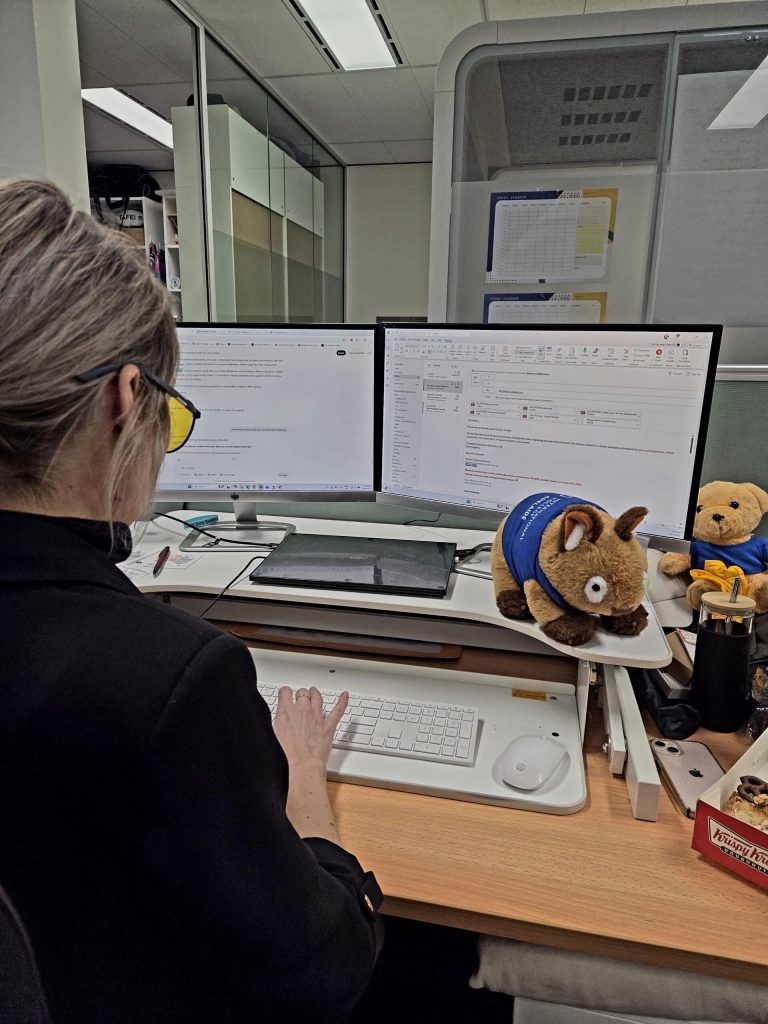 Person at a dual-monitor desk with plush toys and a promotional products supplier catalog nearby.