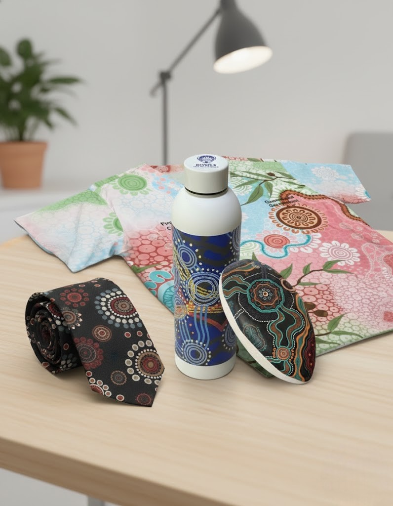 Colorful shirt, tie, bottle, and pouch featuring custom merchandise by Aboriginal artists.