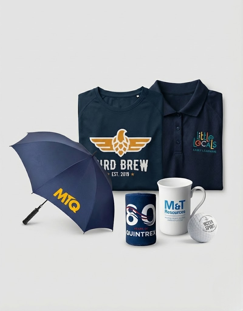 Assorted promotional products Brisbane: shirts, umbrella, mug, stubby holder, golf ball, coaster.