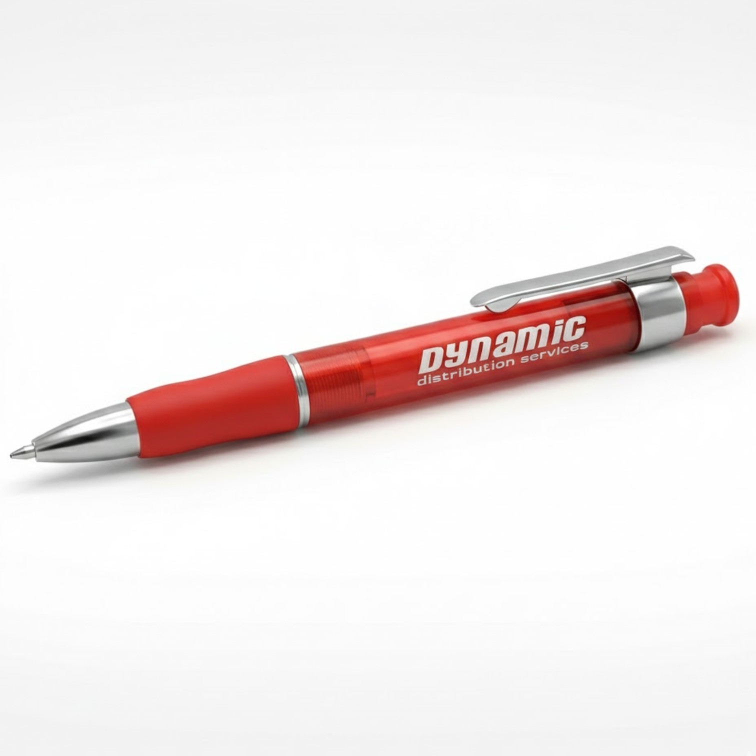 Red retractable promotional pen with “Dynamic distribution services” printed on the barrel.