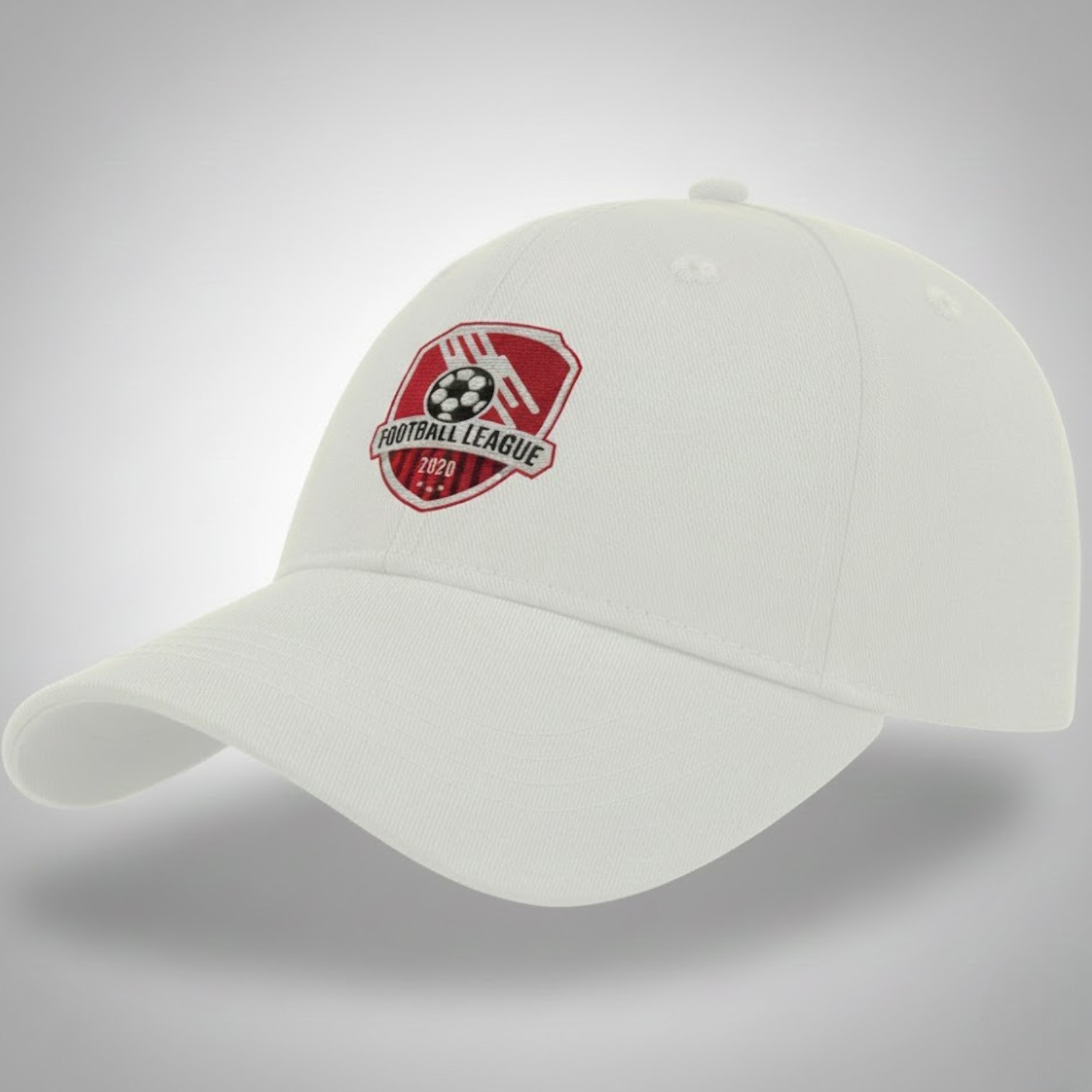 White baseball cap with a red Football League 2020 logo—ideal for promotional caps.