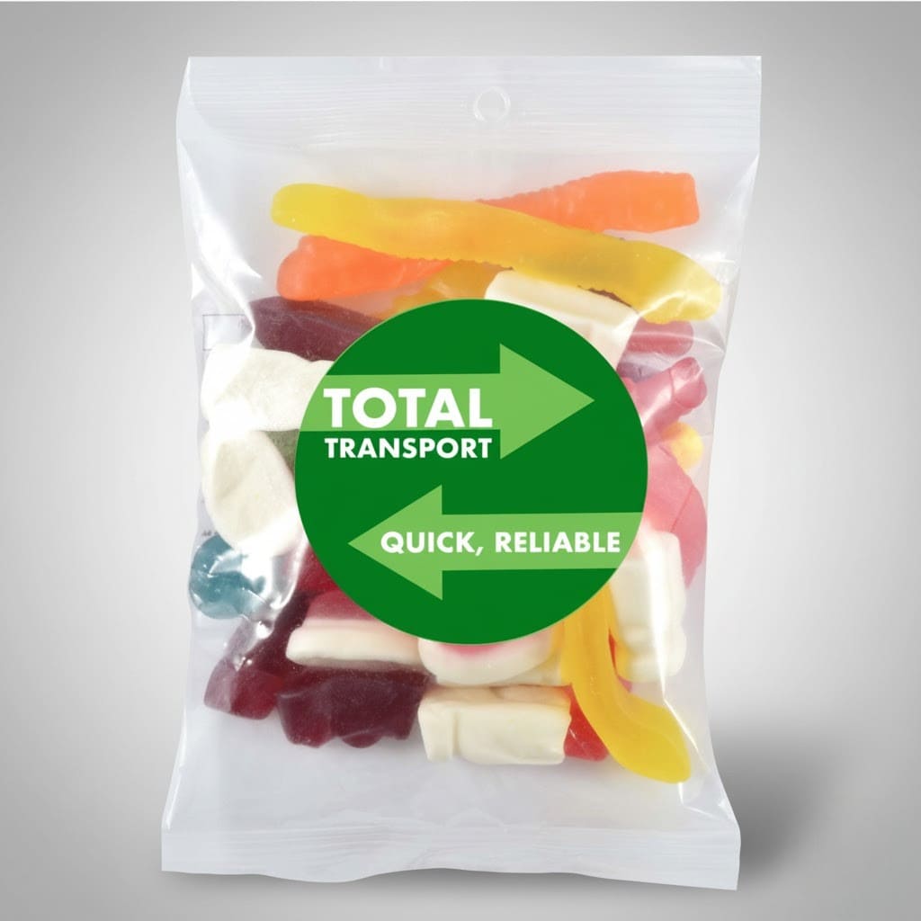 A clear bag of colorful gummy candies with a green TOTAL TRANSPORT starter kit label on it.