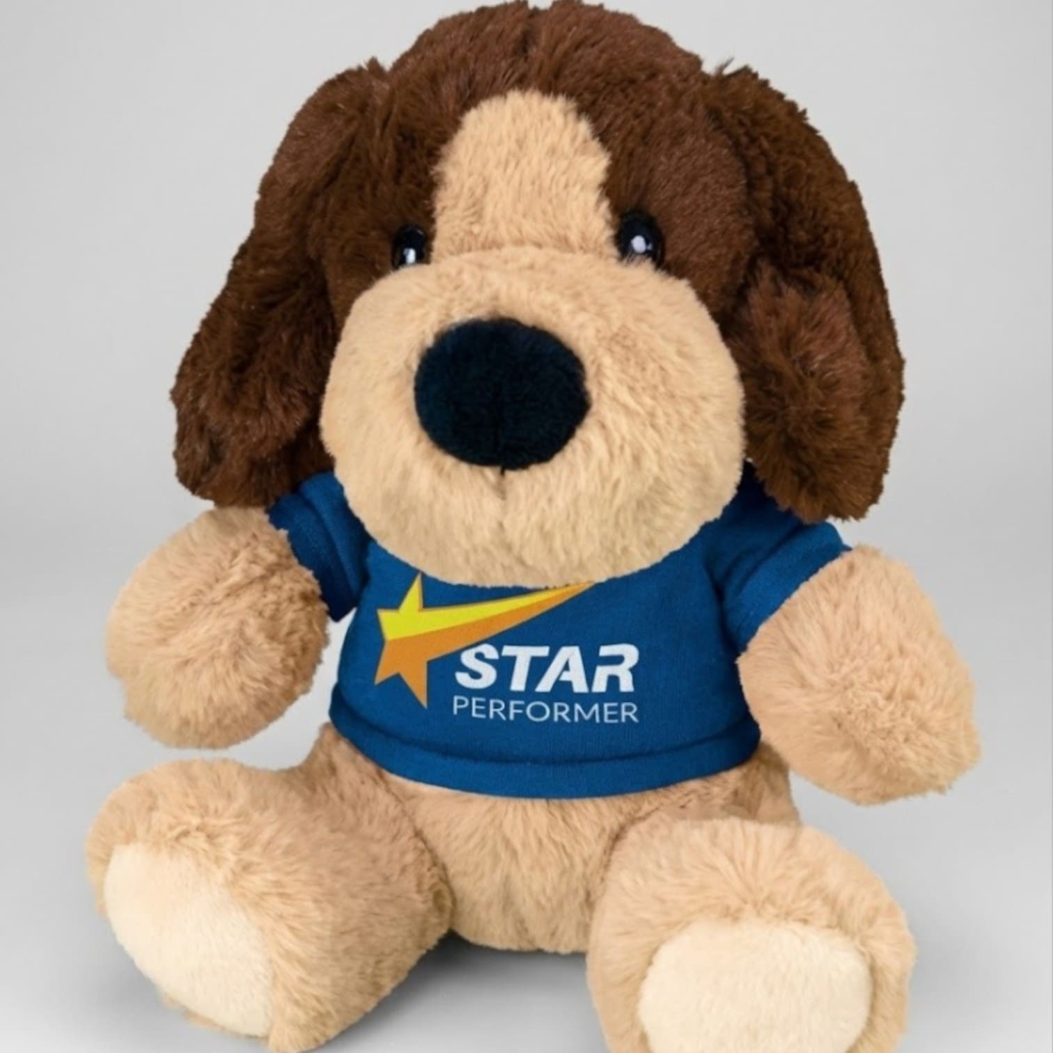 Plush brown dog in a blue Star Performer shirt—a nod to playful product trends.