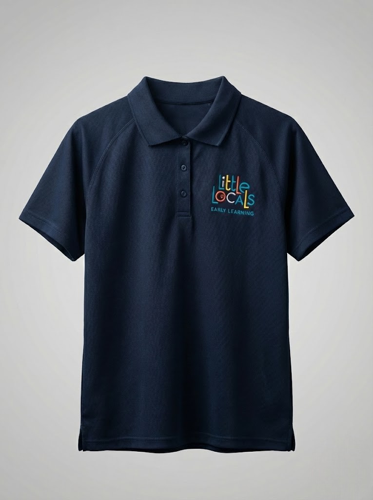 Navy blue polo shirt with Little Locals Early Learning logo, ideal as promotional products Brisbane.
