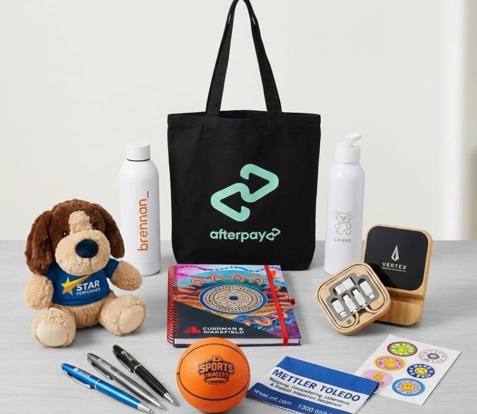 Assorted branded promotional items inspired by current product trends, including a tote bag and more.