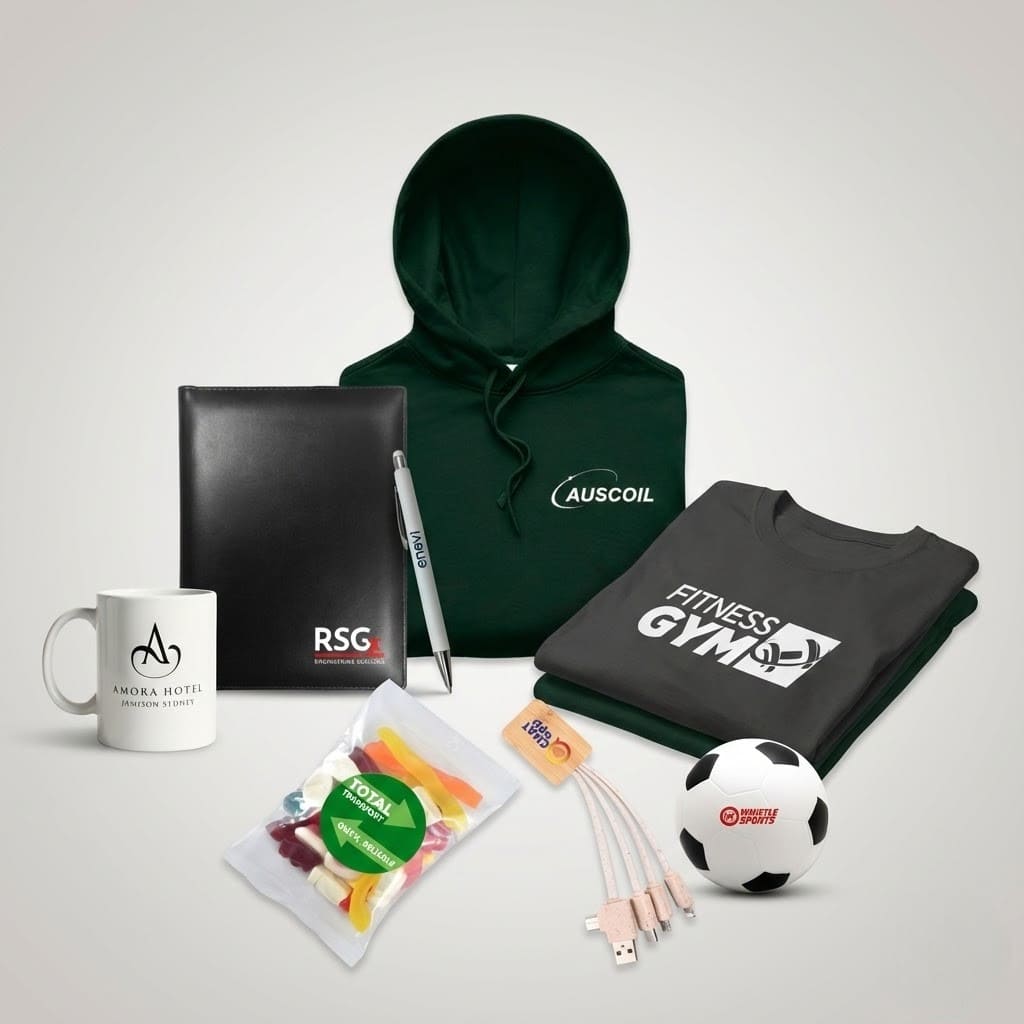 Assorted branded starter kit merchandise including clothing, mug, notepad, pen, candy, and more.