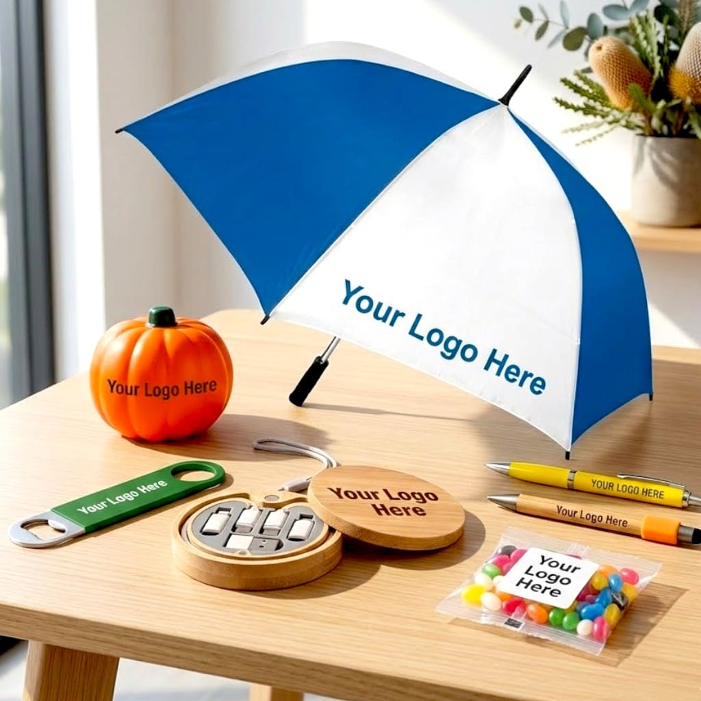 Blue and white umbrella promotional item