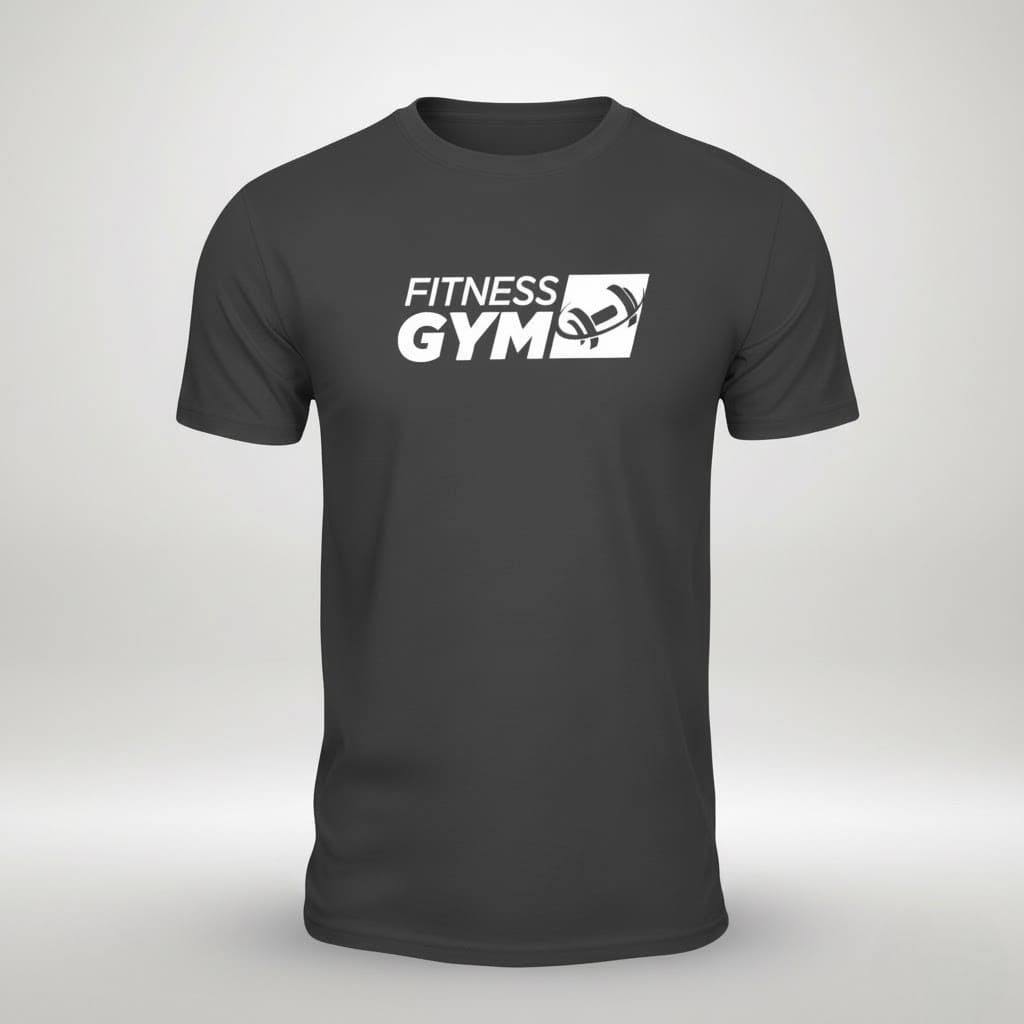 Black t-shirt with FITNESS GYM, a dumbbell logo, and starter kit vibe printed in white on the chest.