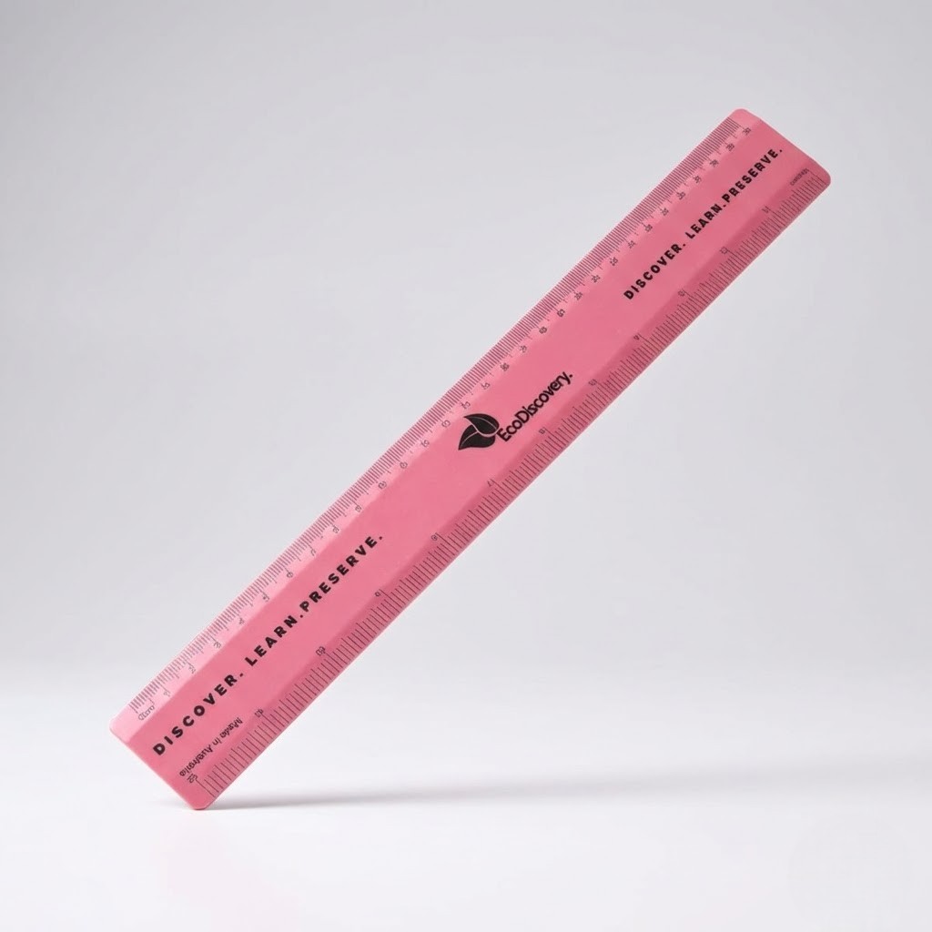 A pink plastic ruler, Australian-made promotional item, with black markings on a light background.