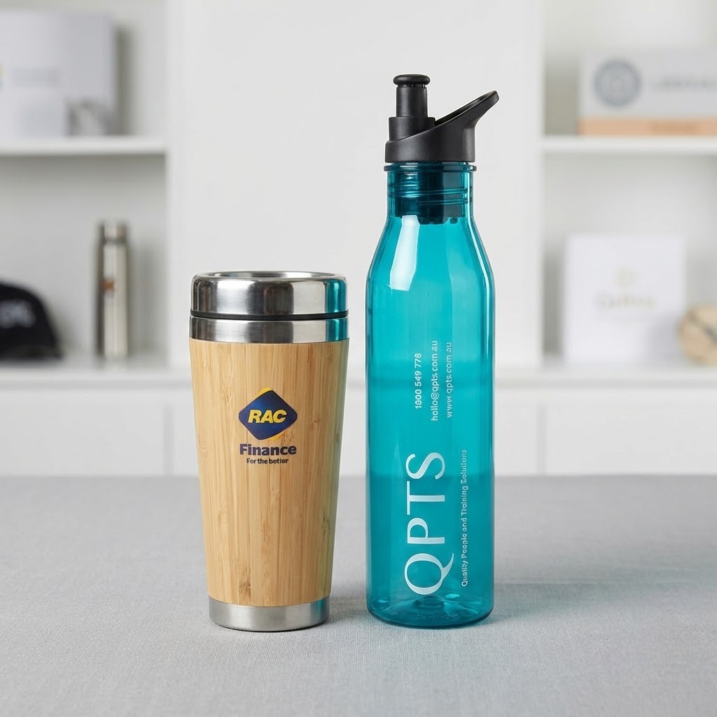 A bamboo travel mug and blue sports bottle highlight bamboo vs plastic promotional items.