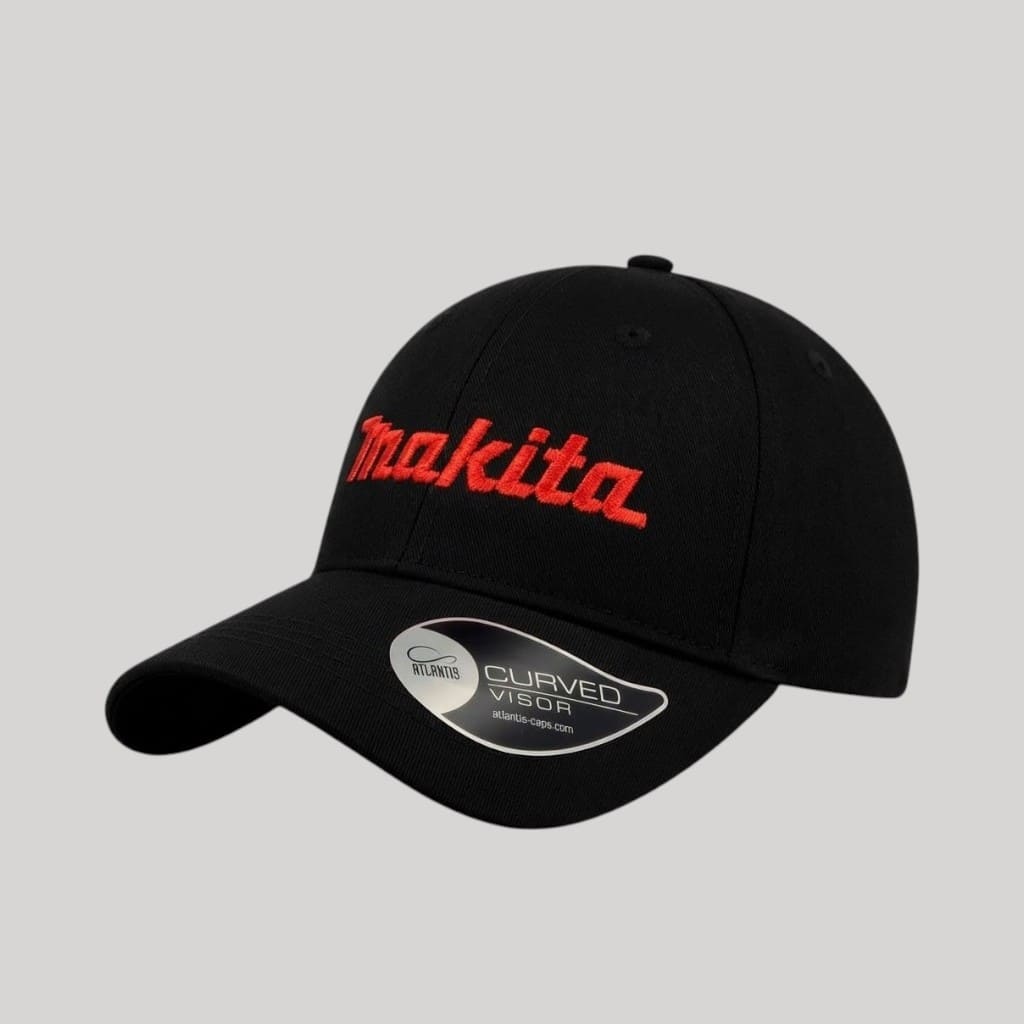 Australian black baseball cap with Makita in red text and a sticker on the curved visor.
