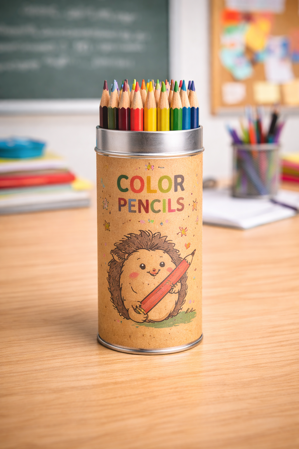 A tin of coloured pencils—your handy guide to colouring pencils—on a classroom desk.