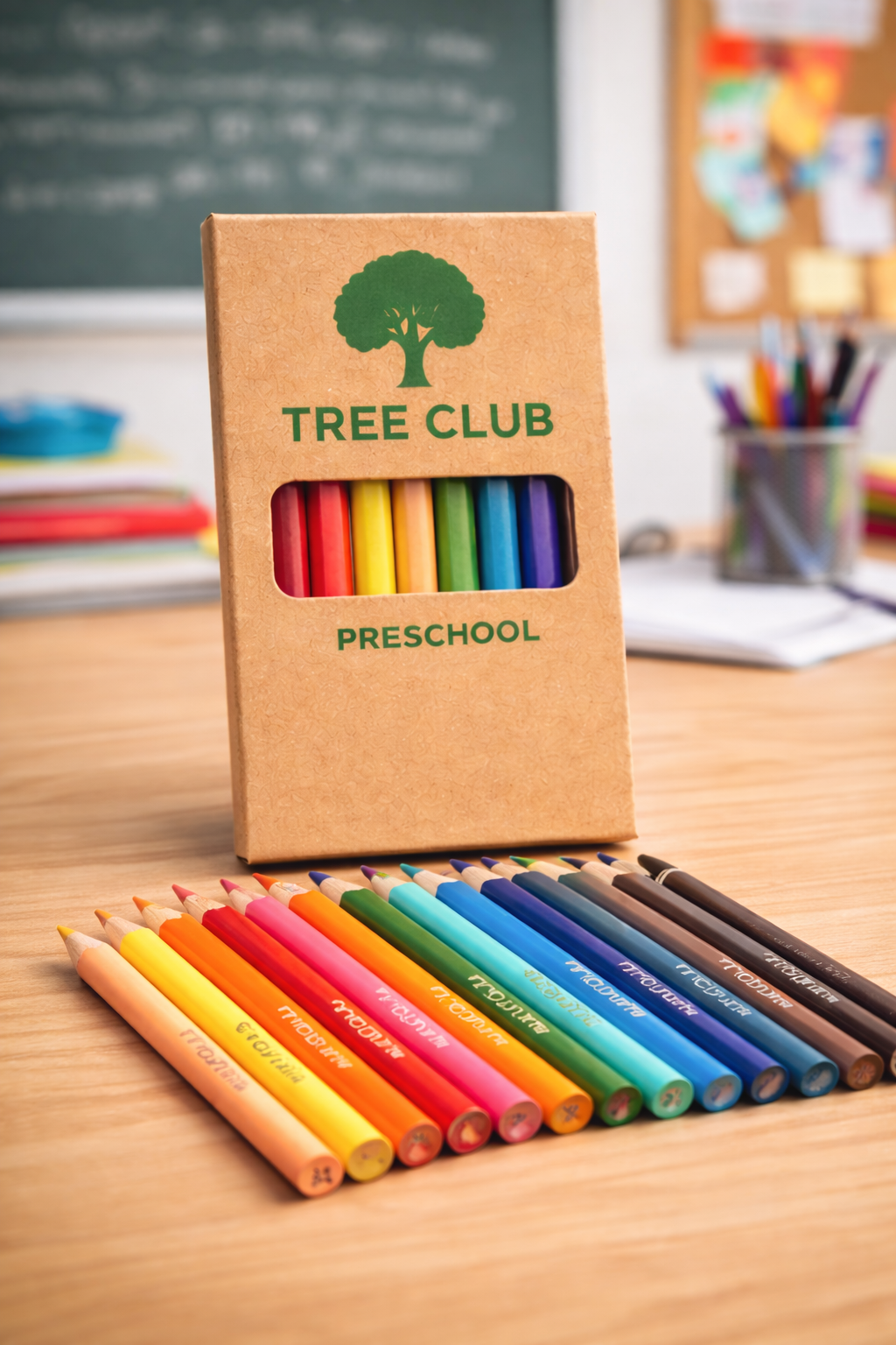 A set of colorful crayons, perfect for a guide to colouring pencils, on a classroom desk.