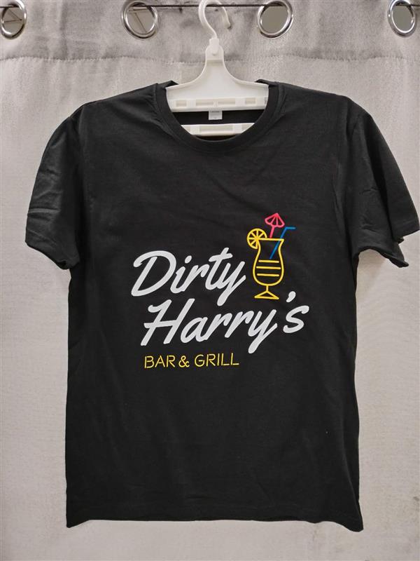 Black T-shirt with Dirty Harrys Bar & Grill, cocktail graphic—screen printing detail.