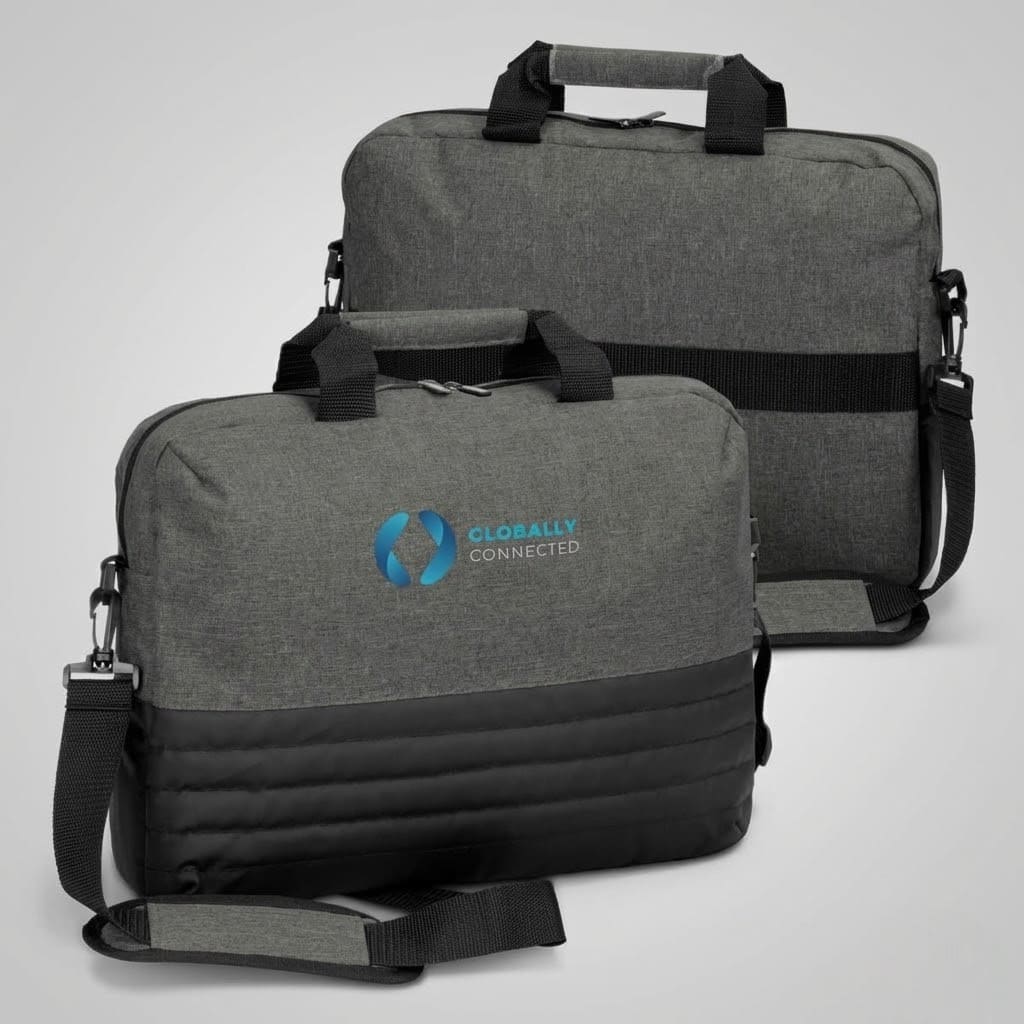 Two gray laptop bags with black straps and logo—perfect for Australian B2B promo packs.