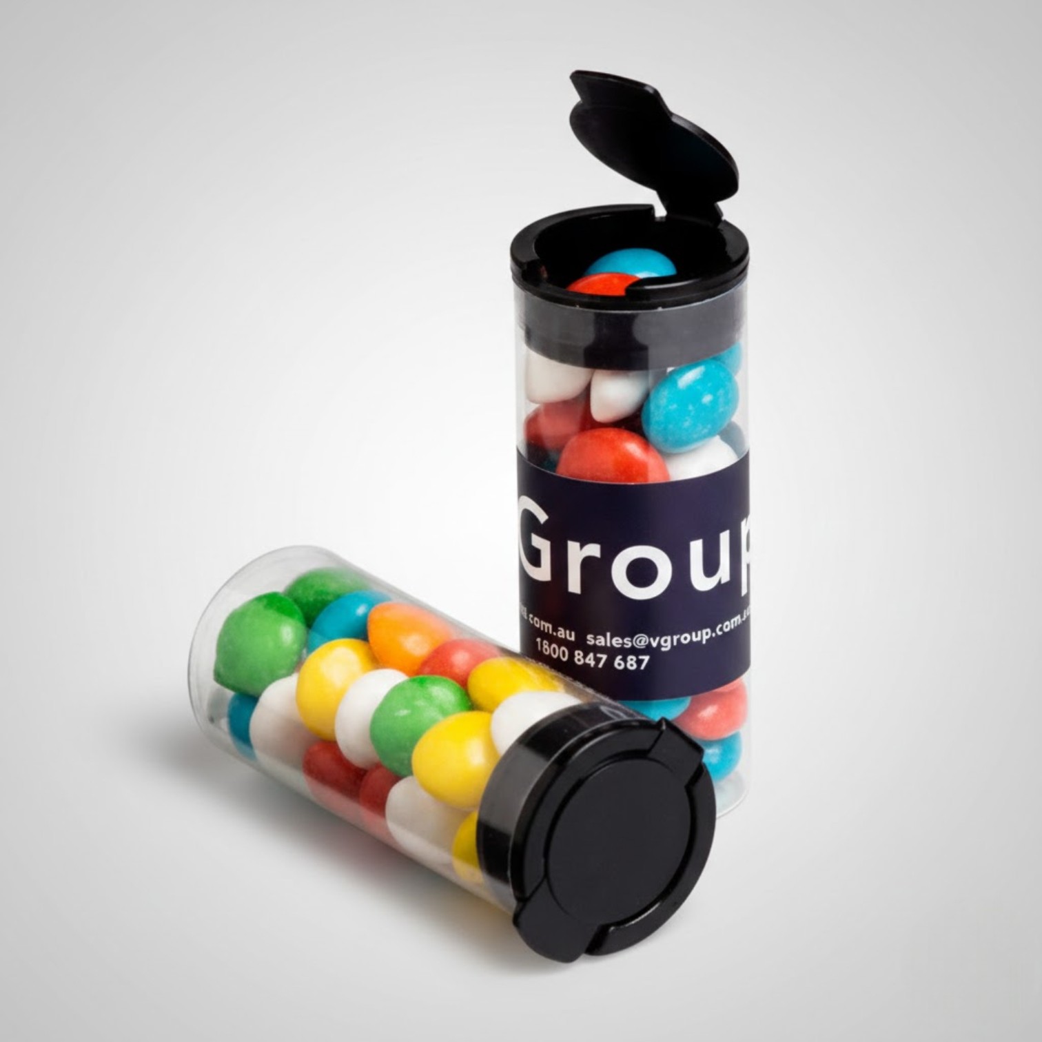 Two clear tubes filled with candy-coated chocolates—fun promotional products under $5.