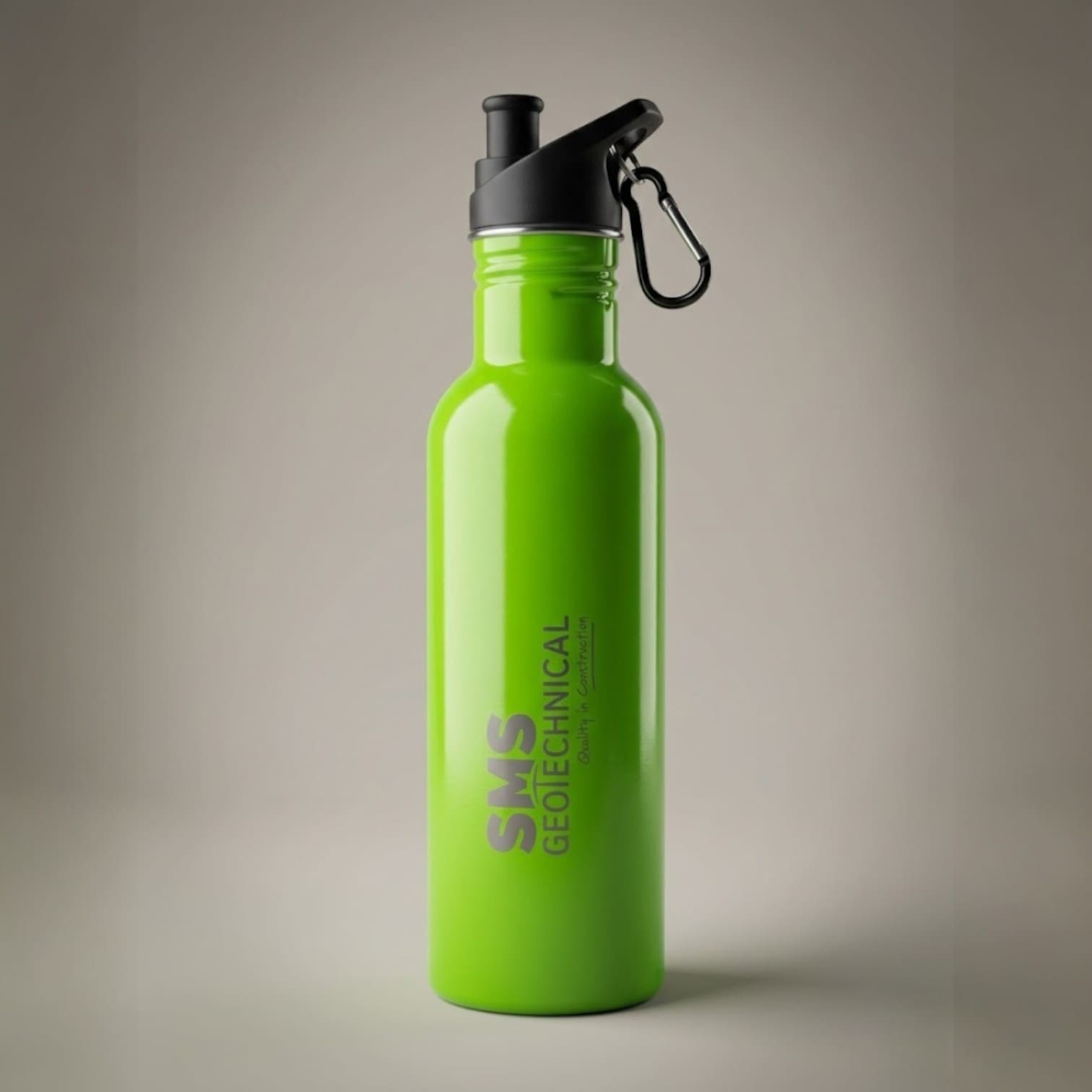 A bright green B2B water bottle with a black cap and SMS GEOTECHNICAL printed on the side.