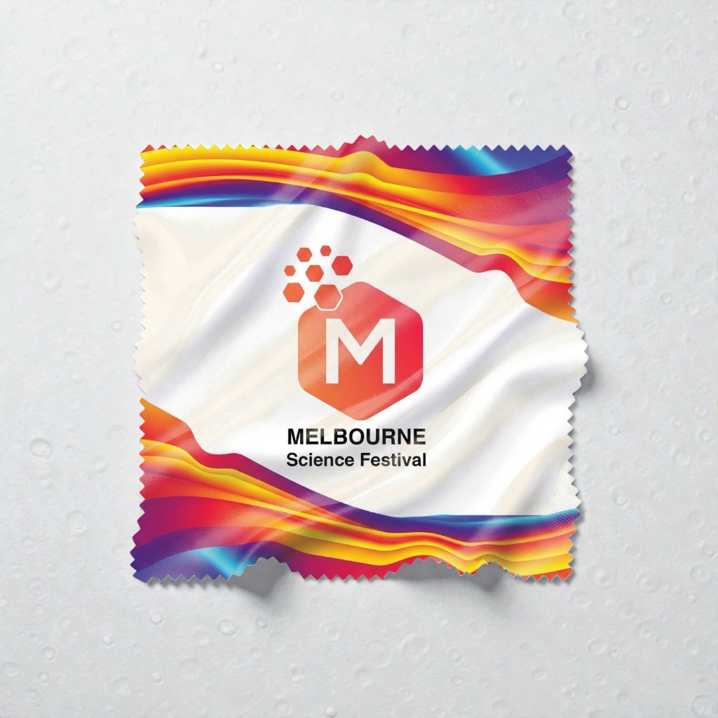 Crinkled cloth with Melbourne Science Festival logo—an example of unusual promo products.