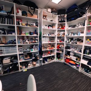 White shelves display office supplies and gadgets reflecting product trends Sydney 2026.
