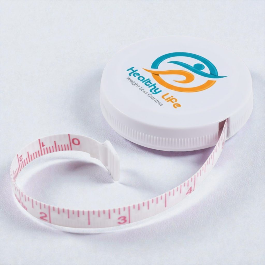 A round tape measure labeled Healthy Life, a great promotional product under $5, on white background.
