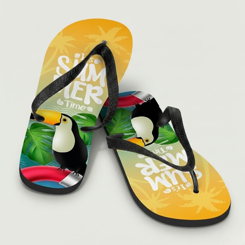 Pair of flip-flops with toucan, leaves, and SUMMER TIME text—fun Promotional Products Australia.