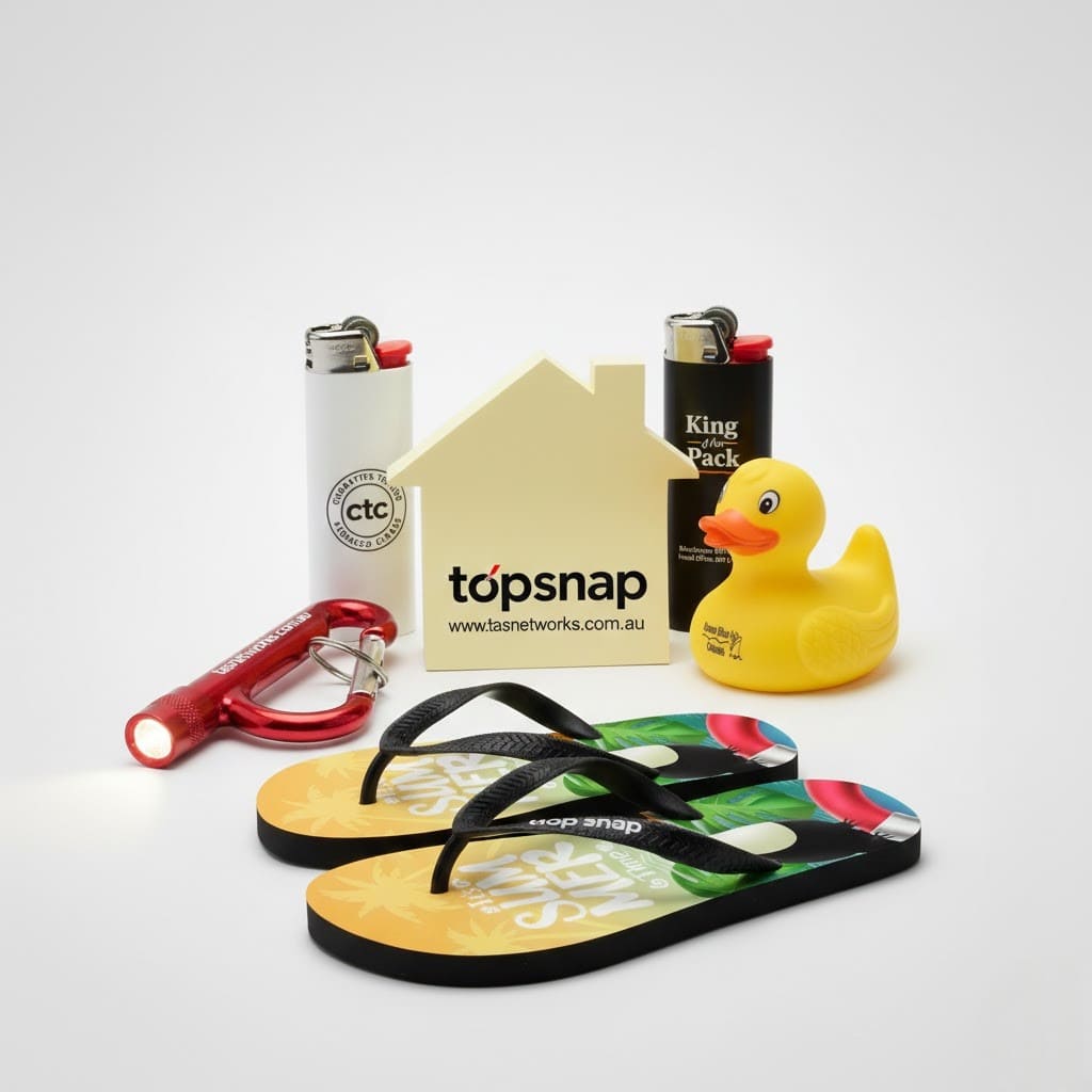 Unusual promotional products: flip-flops, lighters, rubber duck, and more on white background.